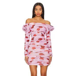 Mirae Erika Dress pink rose print mesh bodycon shirred rosettes Revolve $475 S